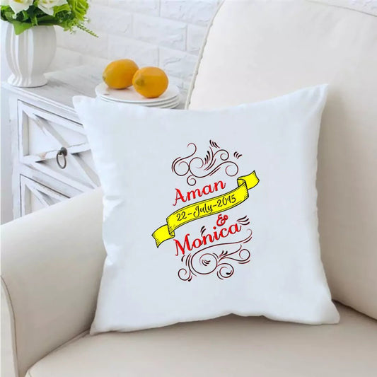Couple Name 16 inches White Cushion With Filling - Happy Jugnu