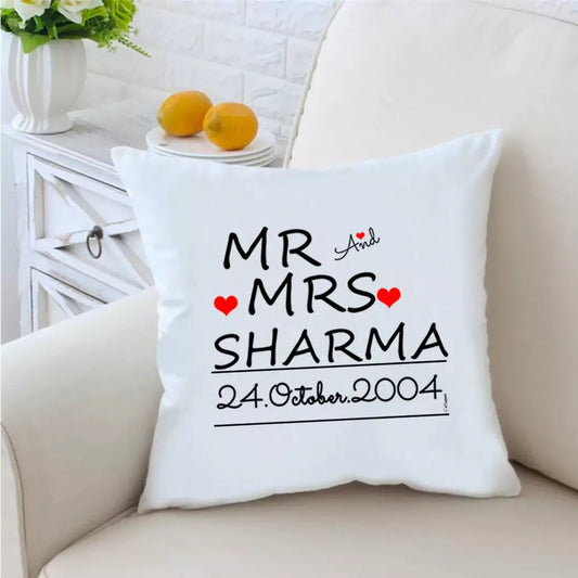 Mr Mrs 16 inches White Cushion With Filling - Happy Jugnu