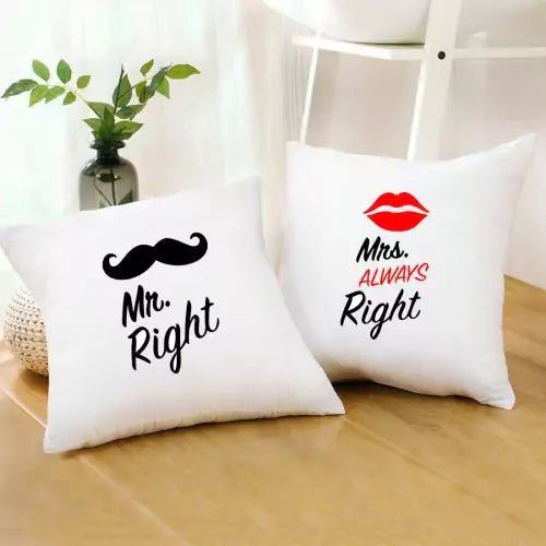 Mr. Right & Mrs. Always Right - Couple Cushions (Set of 2, 16 Inches with Filling) - Happy Jugnu